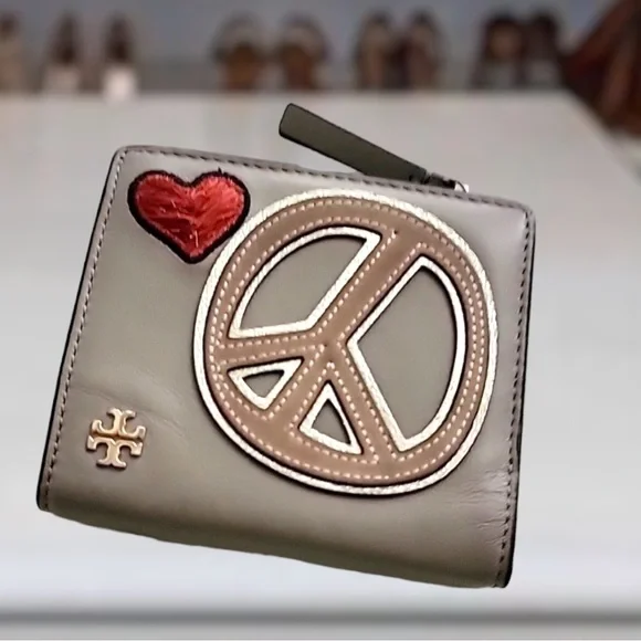 Tory Burch Mini Wallet Peace Sign Heart Embroid Brown Gray Leather 6 Card Slots